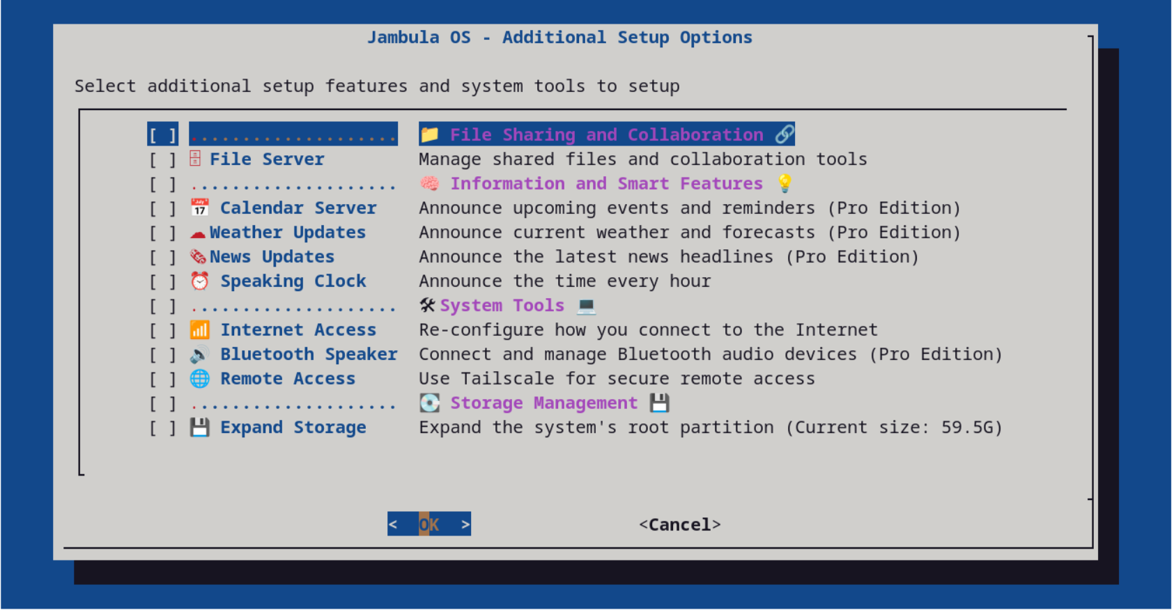 Jambula OS Setup Menu - Secondary alt text