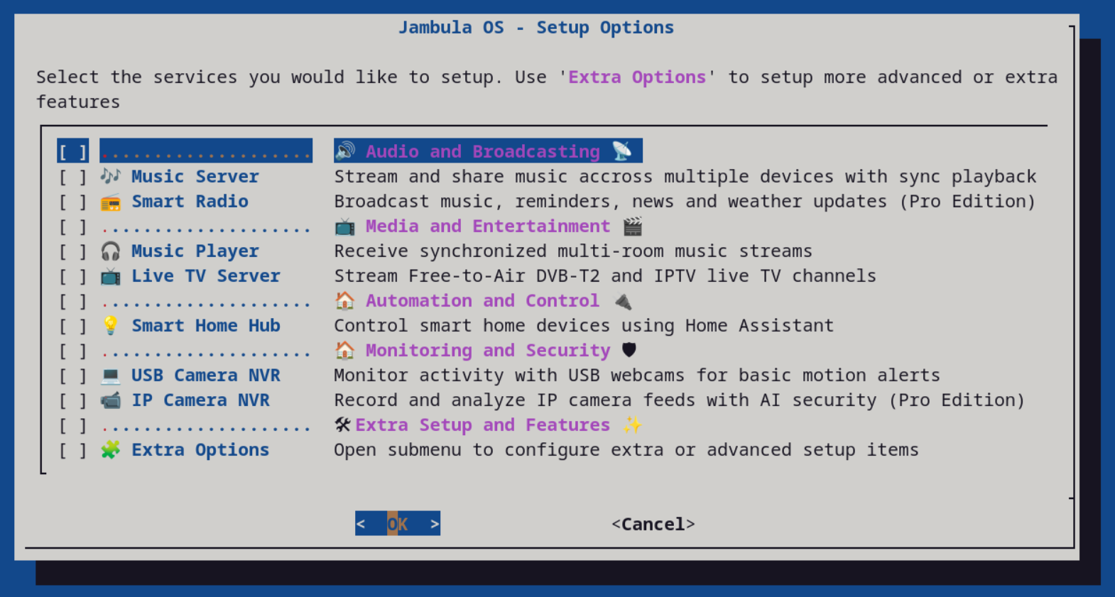 Jambula OS Setup Menu - Primary alt text